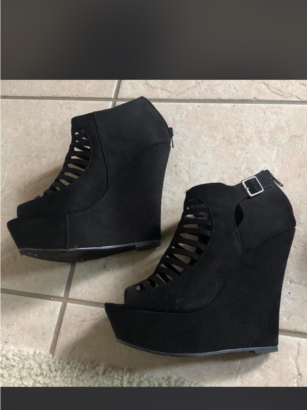 Madden Girl Black Cutout Peep-Toe Platform Wedge Booties 6.5